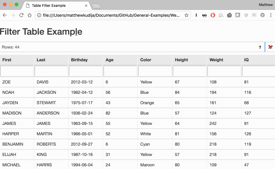 Table Filtering In Html And Javascript Matthew Kudija